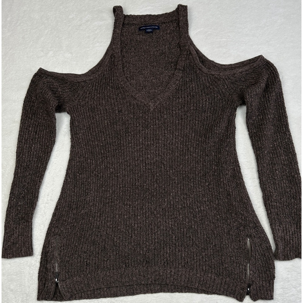 American Eagle Outfitters Brown Cold Shoulder V-Neck Knit Sweater Side Zips M
